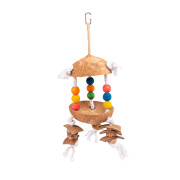 Colorido juguete para pájaros con coco y cubos en una cuerda Duvoplus